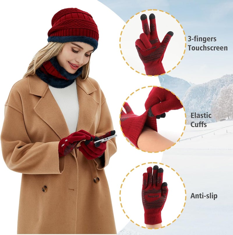 MAYLISACC Winter Knit Beanie Hat Neck Warmer Scarf and Touch Screen Gloves Set 3 Pcs Fleece Lined Skull Cap for Men Women - Image 4